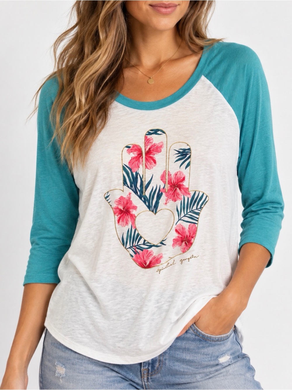 Spiritual Gangster Floral Hamsa Raglan Tee Blue Pink Size L Anthropologie